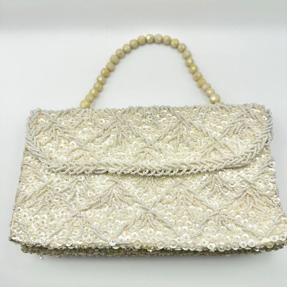 Vintage Ivory Silk Bead Sequin Double Flap Evening Top Handle Bag Hong Kong - Picture 6 of 9